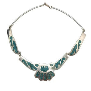 Vintage Alpaca Mexico Silver Blue Crushed Turquoise Inlay Necklace